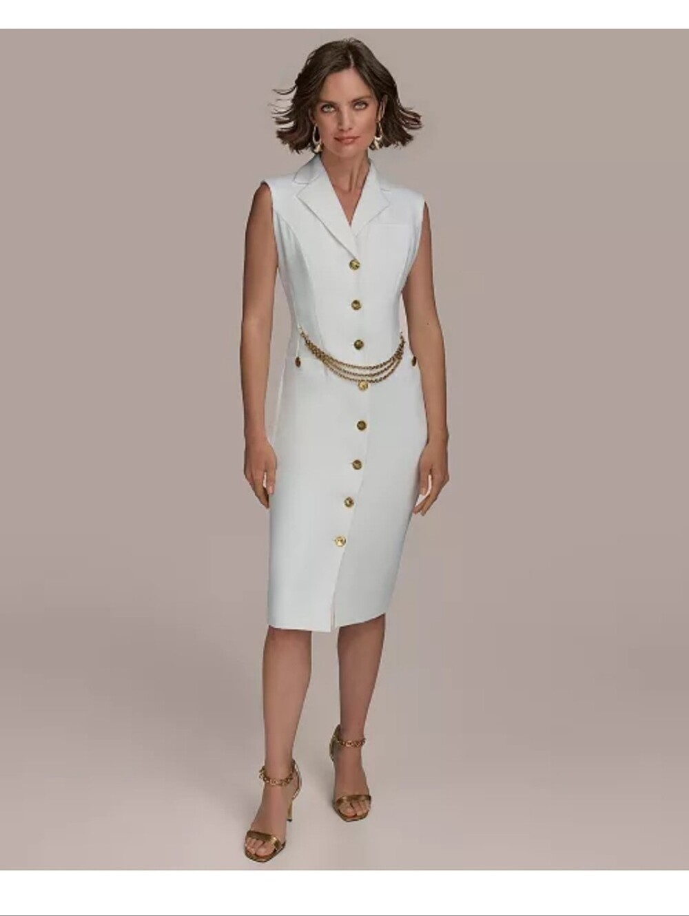Donna Karan New York NWT White Gold Button Vest Maxi Dress Size 14 $199 No Chain